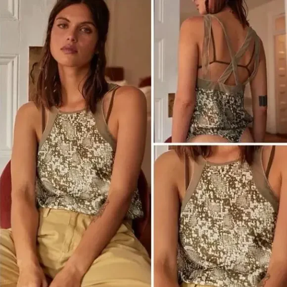 Free People Intimately NIGHTS OUT Snakeskin Print Bodysuit Moss Green L NWOT $68 - Picture 1 of 10
